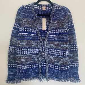 Chico’s Cardigan Sweater Structured Fringe Sweater LS Pattern Blue Multi